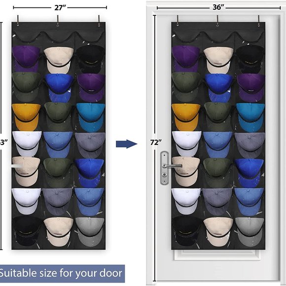 24 Deep Pockets- Hat Organizer - Hat Racks for Baseball - Wall Door with 3 Hooks - Picture 4 of 7